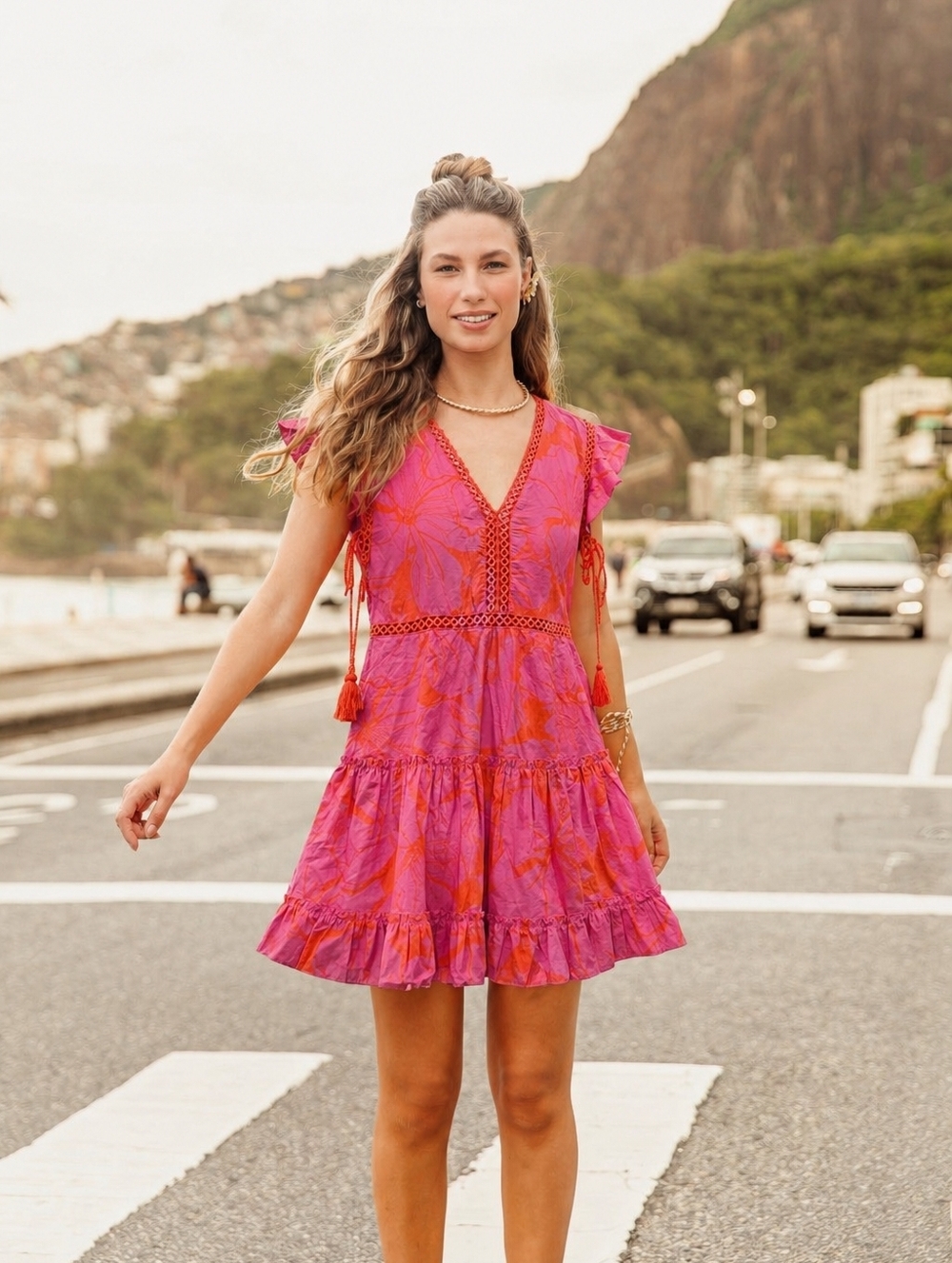 NWT Z&L Floral Pink  Plunge V-Neck  Lace Short Dress Large